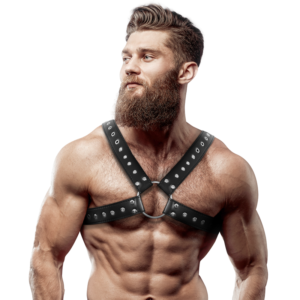 FETISH SUBMISSIVE ATTITUDE™ - ARNÊS DE PEITO DE COURO ECO CROSS-OVER PARA HOMEM COM PREGOS