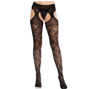 LEG AVENUE - MEIAS DE RENDA FLORAL COM LIGAS UNITED BLACK