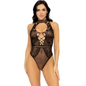 LEG AVENUE - BODY HALTER DE REDE E RENDA COM DECOTE DE FECHADURA TAMANHO ÚNICO